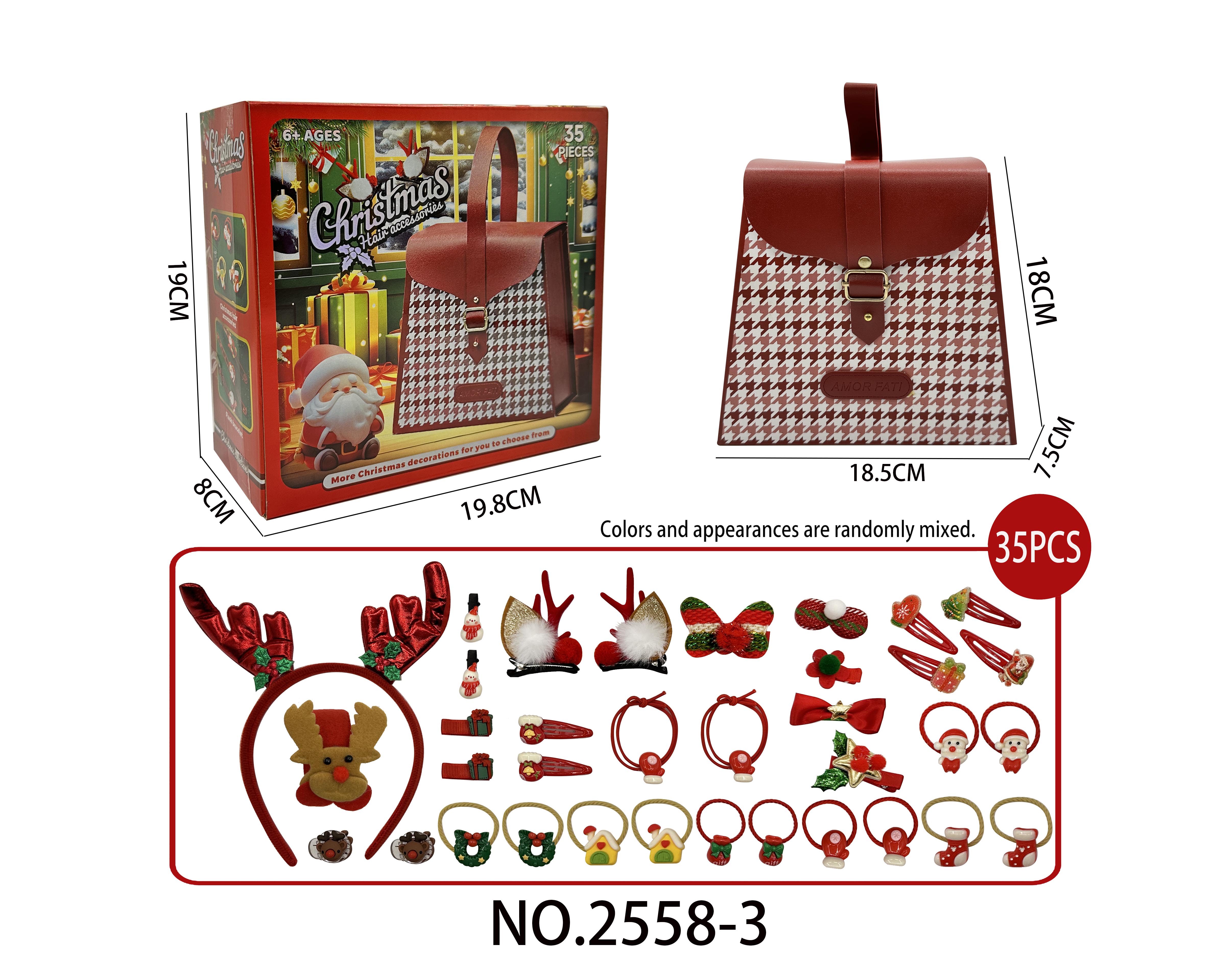 Christmas Edition Houndstooth Trapezoid Handbag Hair Accessory Set 35PCS, Girls' Decorative Set for Pretend Play