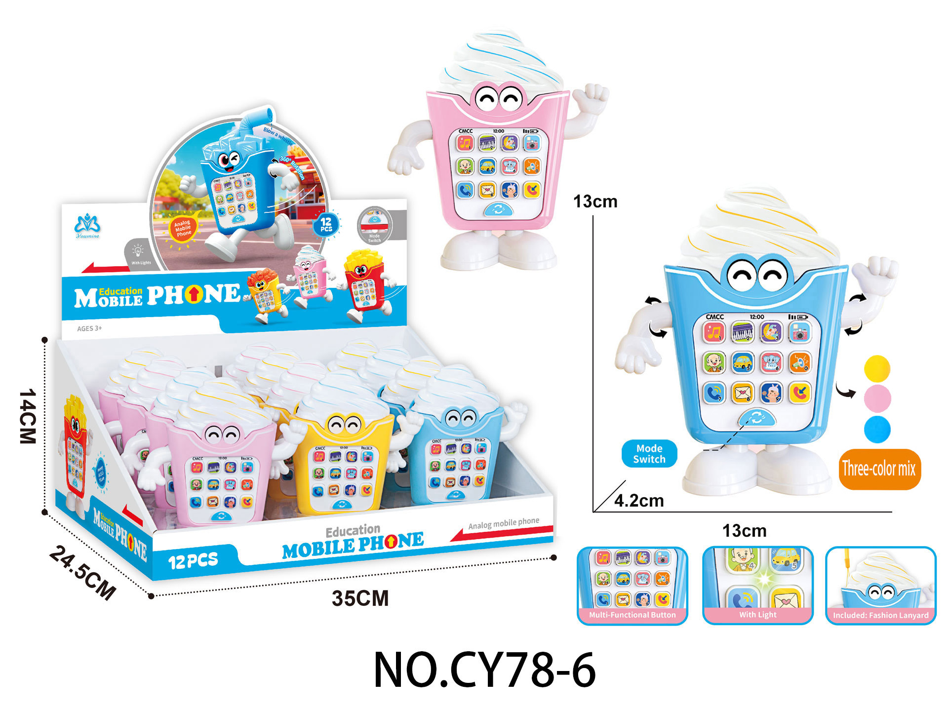 Cartoon Ice Cream Puzzle Toy Phones, Set of 12 in a Display Box, 2 AA Batteries Not Included, Assorted Colors