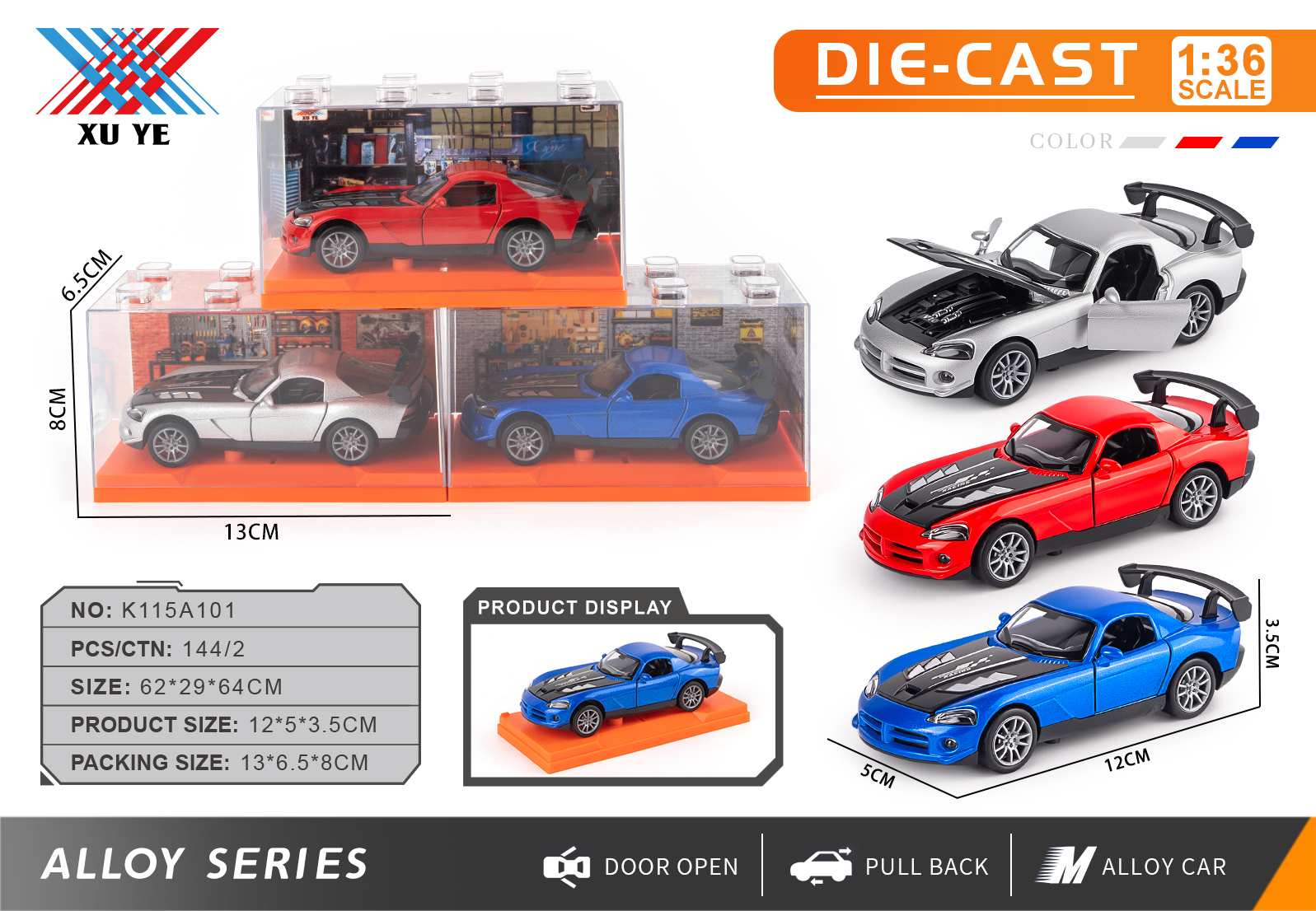1:36 Scale Alloy Dodge Viper Model Car with Opening Doors and Pull-Back Action (1 Piece)
