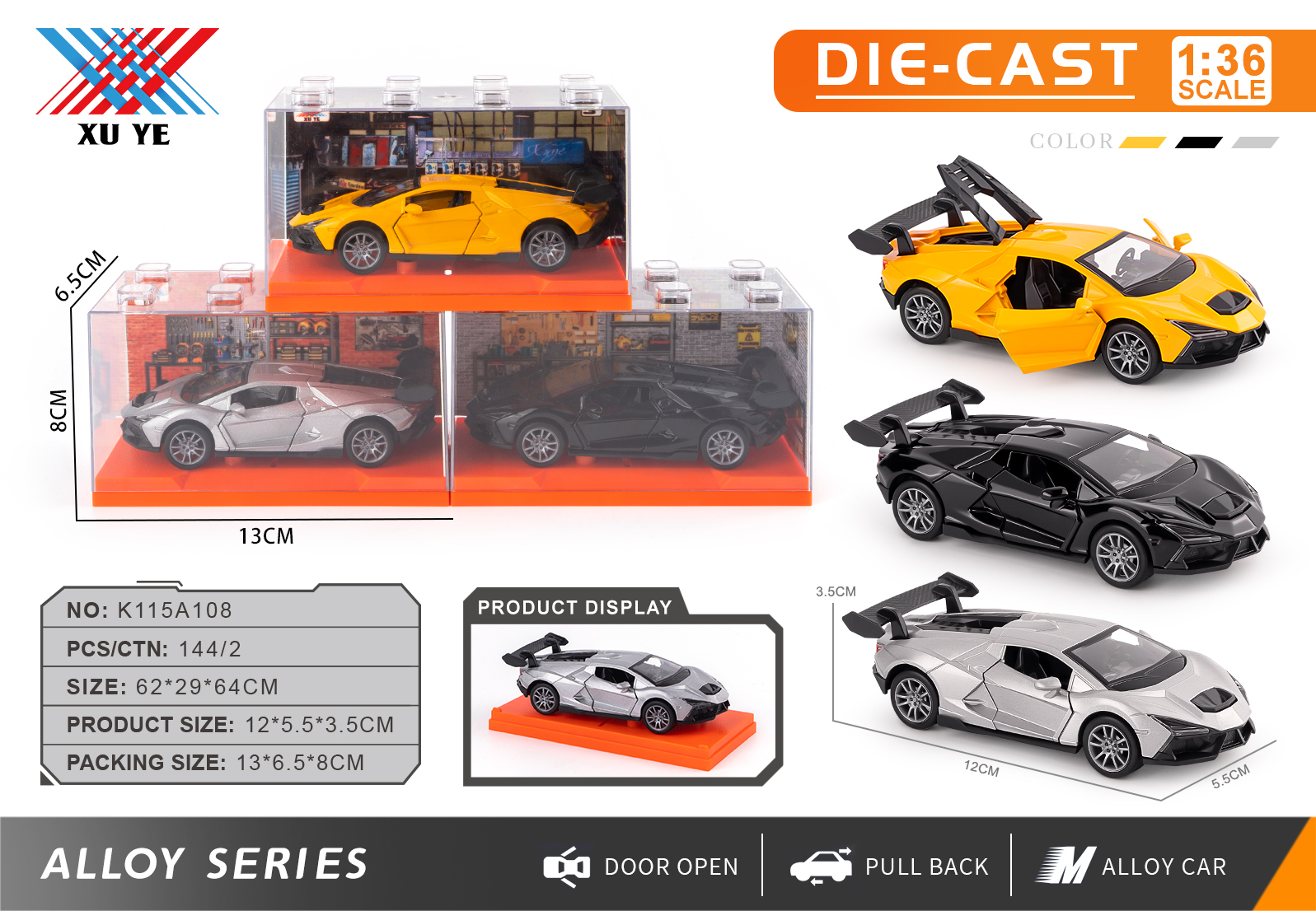 1:36 Scale Alloy Lamborghini Modified Model with Opening Doors and Pull-Back Action (1 Piece)