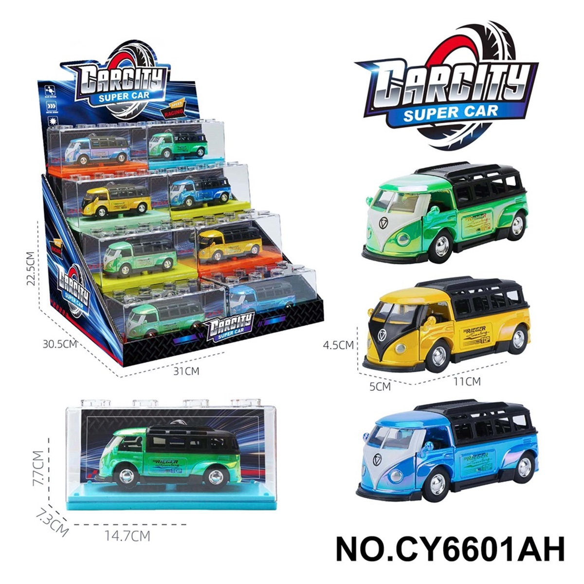 1:36 Rainbow Die-cast Pull Back Volkswagen Bus (Assorted Colors: Rainbow Yellow/Blue/Green)