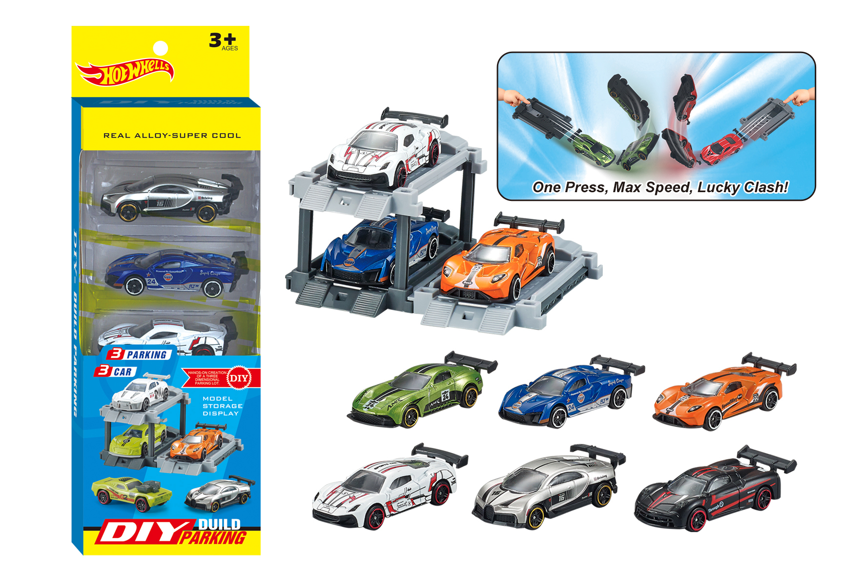 1:64 Alloy Die-Cast Car with Launcher, DIY Parking Lot with Emitter + 3 Cars and 3 Parking Spaces