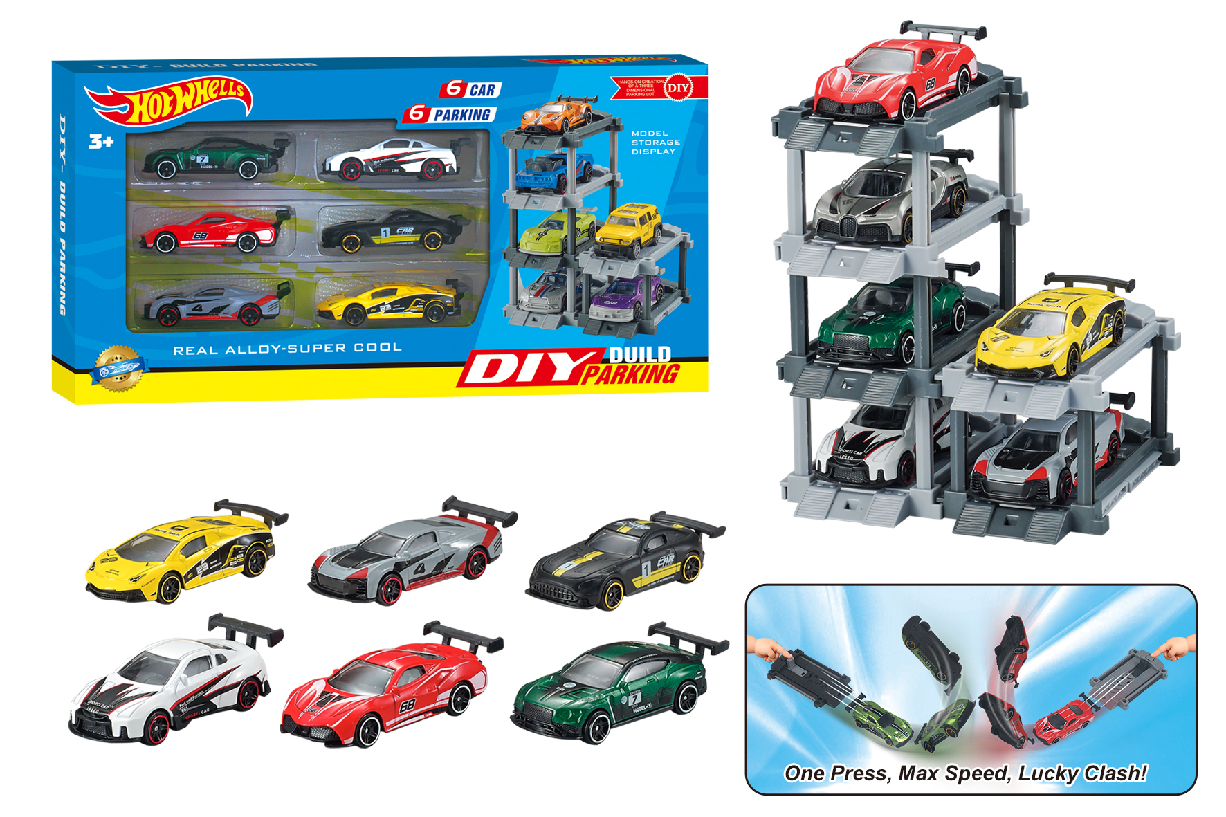 1:64 Alloy Car Parking Lot with Launcher, Sports Car DIY Parking Lot with Launcher + 6 Cars and 6 Parking Spaces
