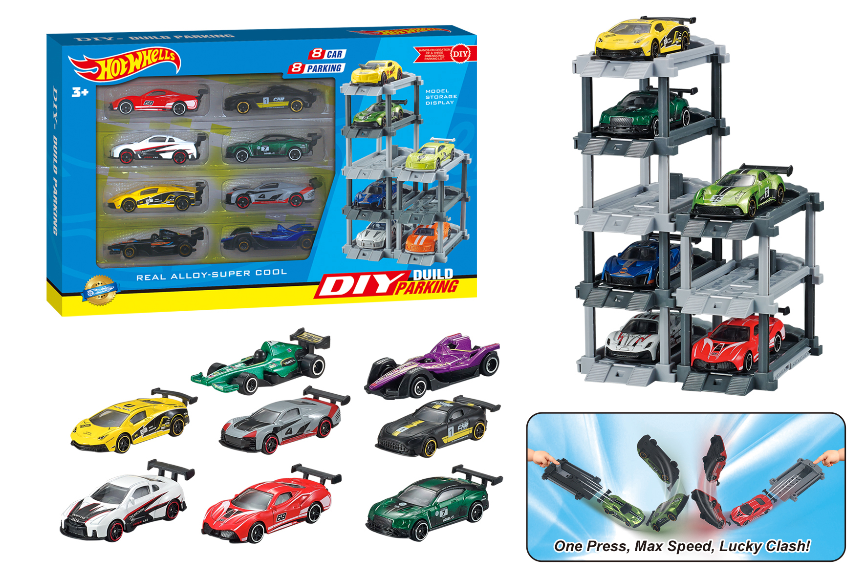 1:64 Alloy Die-cast Car with Launcher, DIY Parking Lot with Ejector + 8 Cars and 8 Parking Spaces