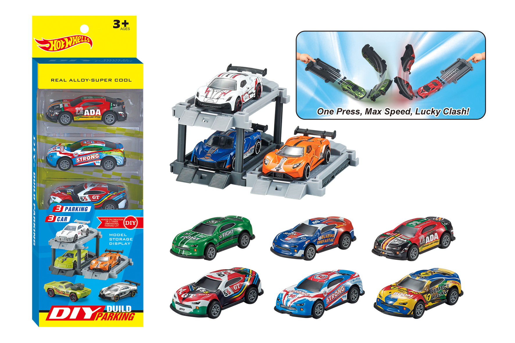 1:64 DIY Tin Car Parking Lot with Launcher + 3 Cars & 3 Parking Spaces, Featuring Catapult & Pull-Back Tin Cars