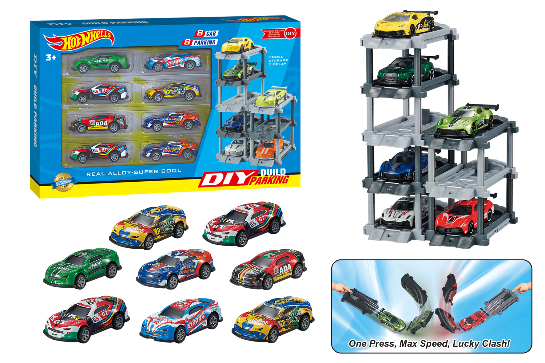 1:64 DIY Tinplate Parking Garage with Launcher + 8 Cars & 8 Parking Spaces, Featuring Spring-Powered Tinplate Cars
