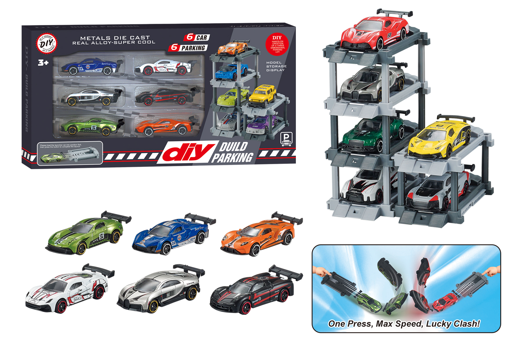 1:64 Alloy Car Parking Lot with Launcher, Sports Car DIY Parking Lot with Launcher + 6 Cars and 6 Parking Spaces