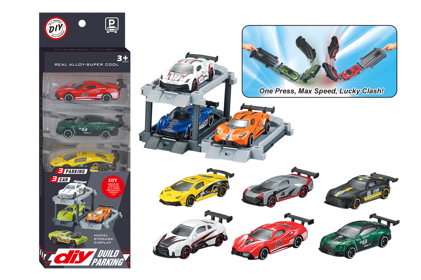 1:64 Alloy Car, Parking Lot with Launcher, Sports Car DIY Parking with Launcher + 3 Cars and 3 Parking Spaces