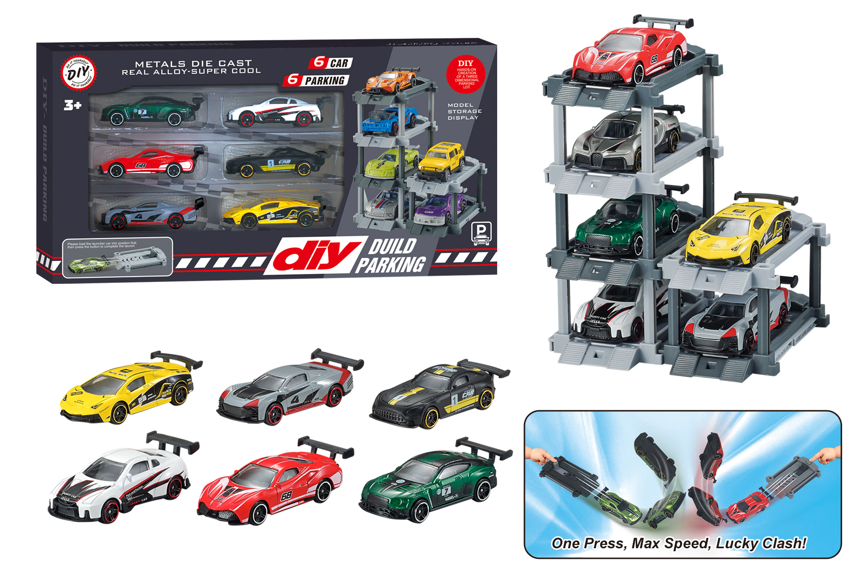 1:64 Alloy Car Parking Lot with Launcher, Sports Car DIY Parking Lot with Launcher + 6 Cars and 6 Parking Spaces