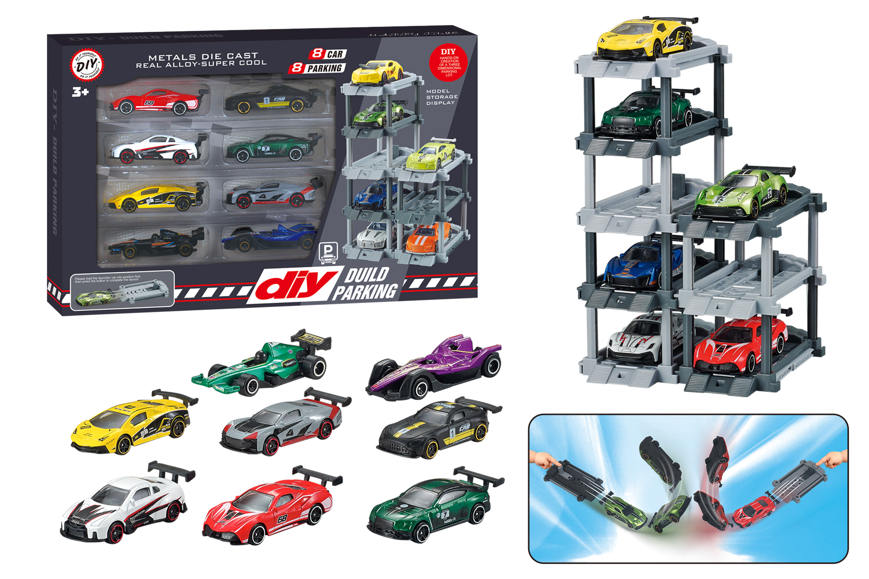 1:64 Alloy Car with Launcher, DIY Parking Lot with Launcher + 8 Cars & 8 Parking Spaces