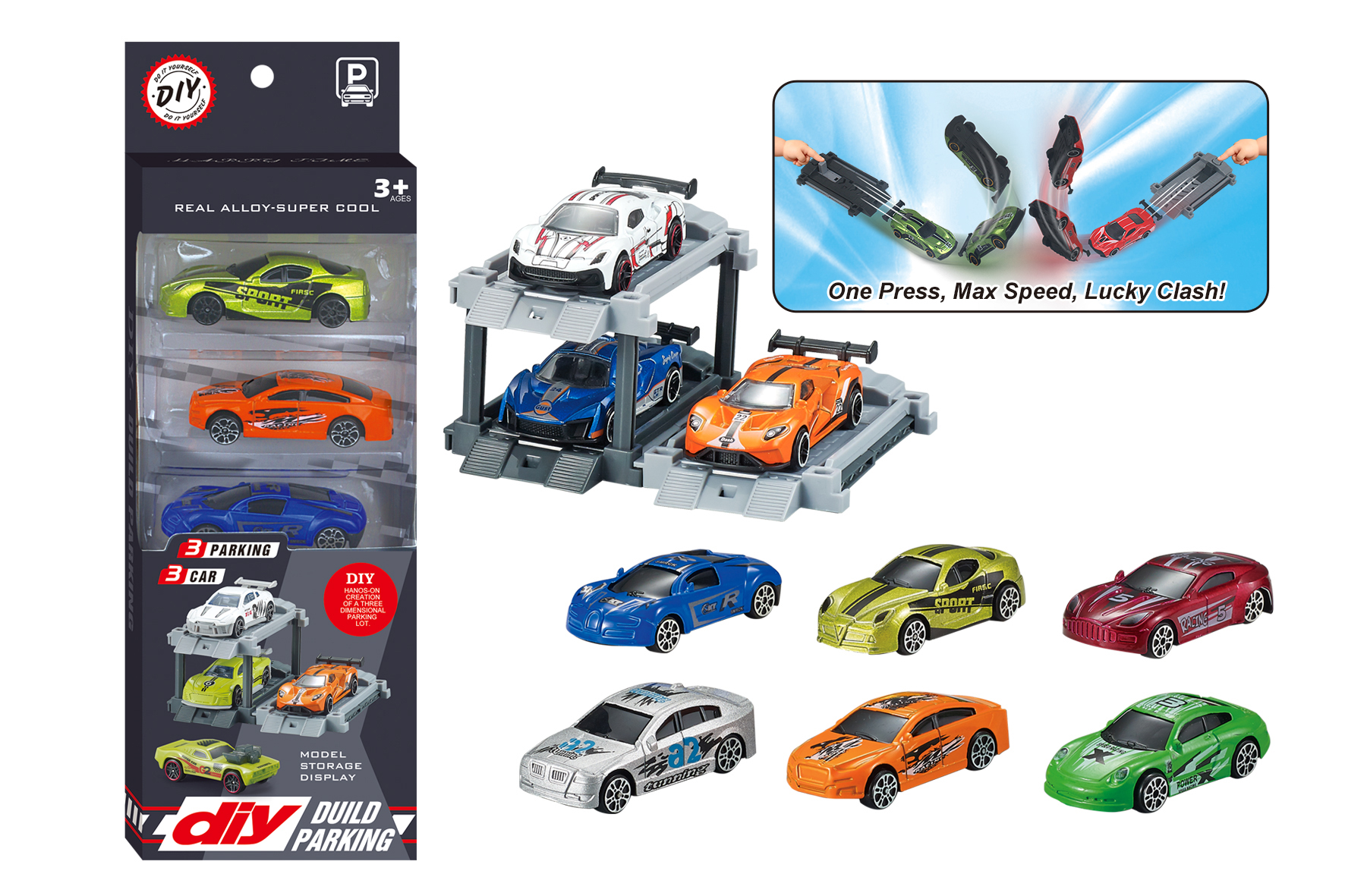 1:64 Alloy Car with Parking Lot, Launching Duck DIY Parking Lot Set, Includes Launcher + 3 Cars & 3 Parking Spaces