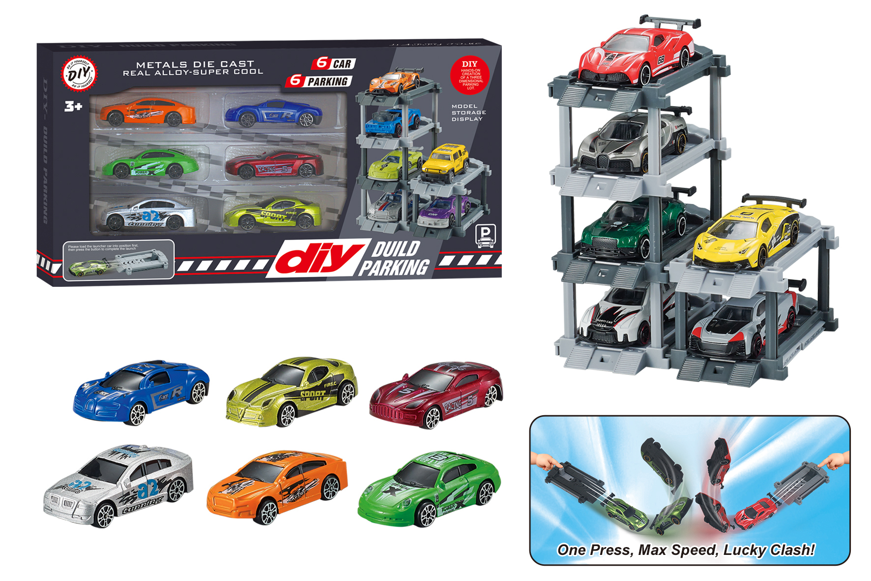 1:64 Alloy Car with Graffiti DIY Parking Lot Featuring Launcher + 6 Cars and 6 Parking Spaces