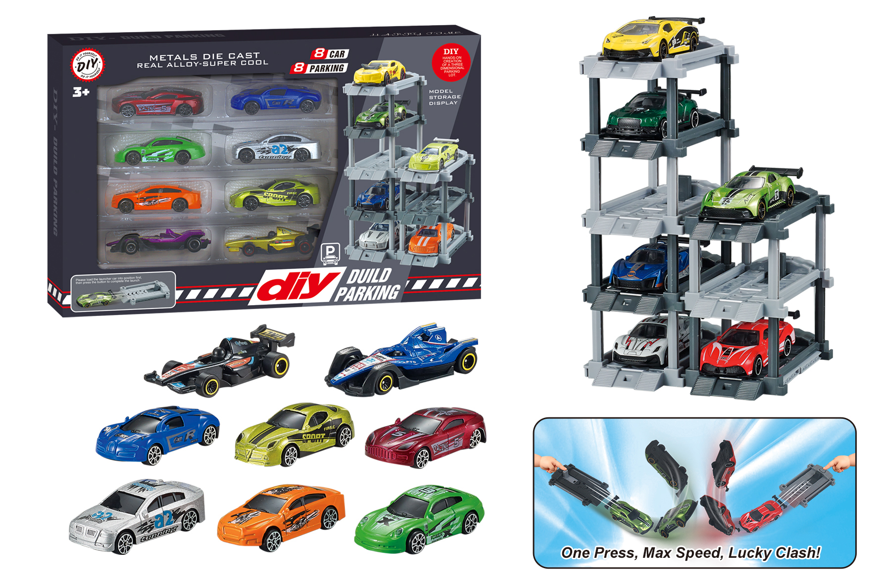1:64 Alloy Car Parking Lot with Ejector, Doodle DIY Parking Lot with Launcher + 8 Cars & 8 Parking Spaces