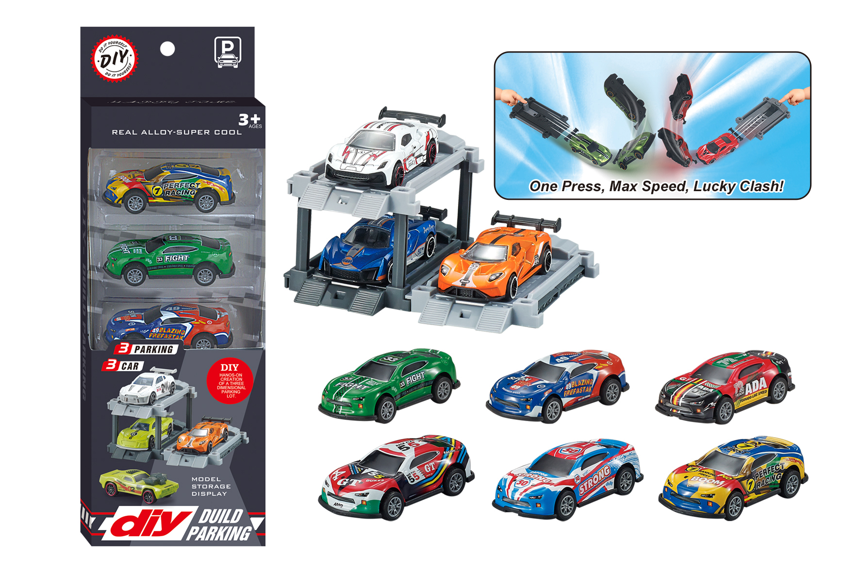 1:64 DIY Tin Car Parking Lot with Launcher + 3 Cars & 3 Parking Spaces, Featuring Catapult & Pull-Back Tin Cars