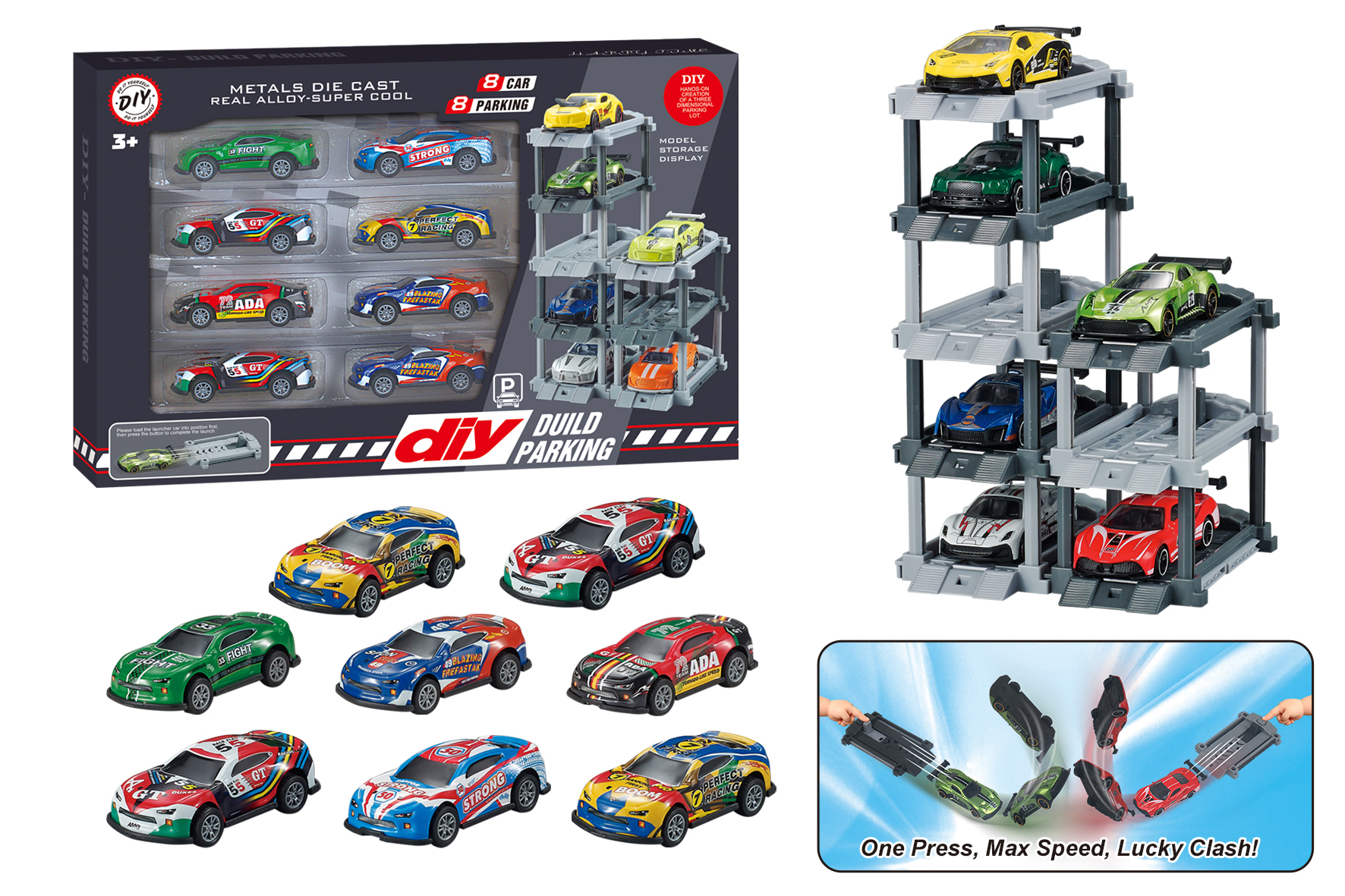 1:64 DIY Tinplate Parking Garage with Launcher + 8 Cars & 8 Parking Spaces, Featuring Spring-Powered Tinplate Cars