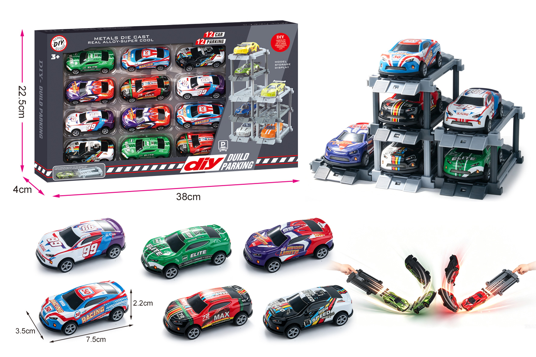 1:64 DIY Metal Parking Garage with Launcher + 12 Cars & 12 Parking Spaces, Featuring Catapult & Pull-Back Action Metal Cars