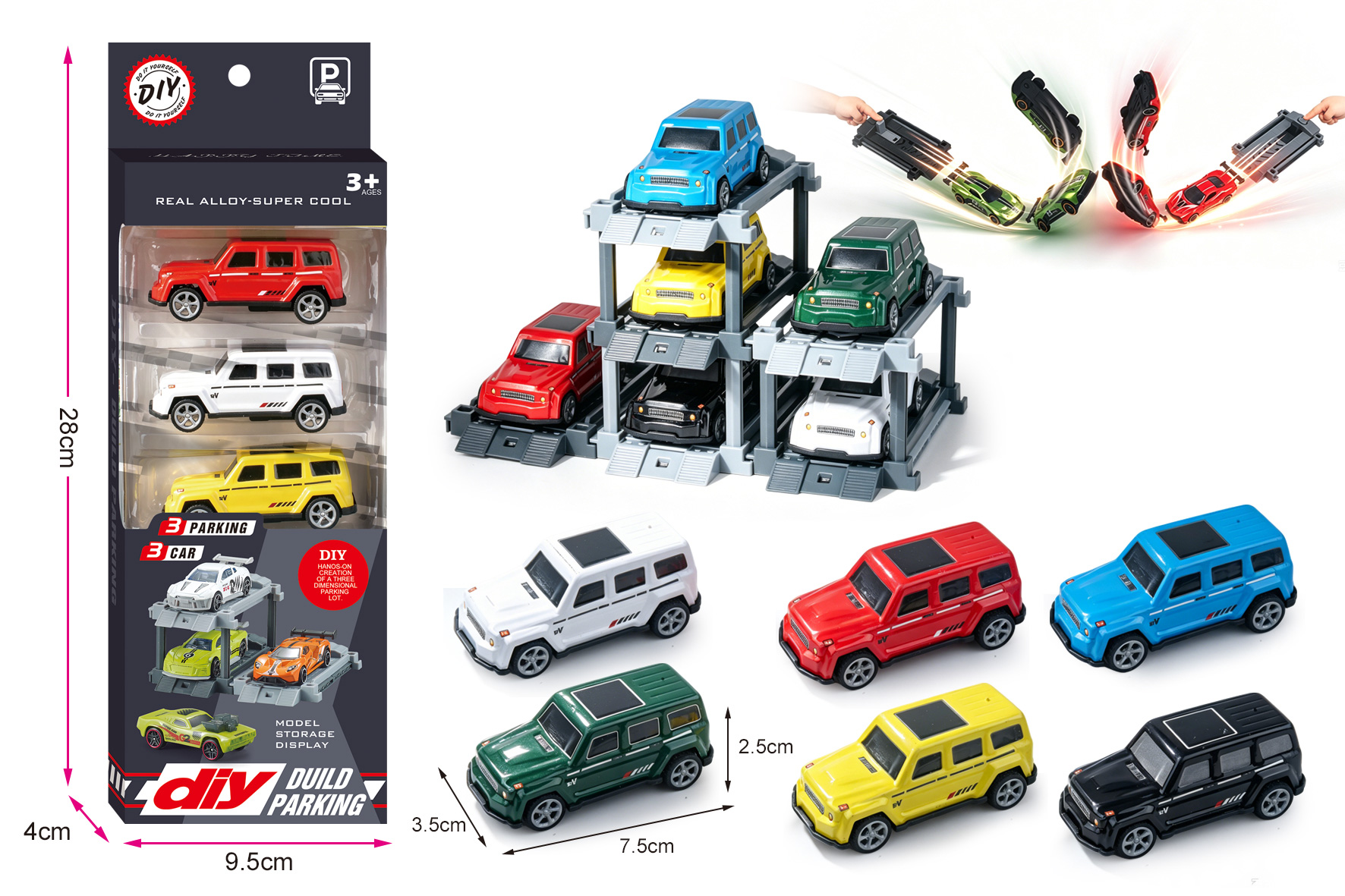 1:64 Metal Toy Car DIY Parking Lot with Launcher + 3 Cars & 3 Parking Spaces, Featuring Catapult & Pull-Back Action
