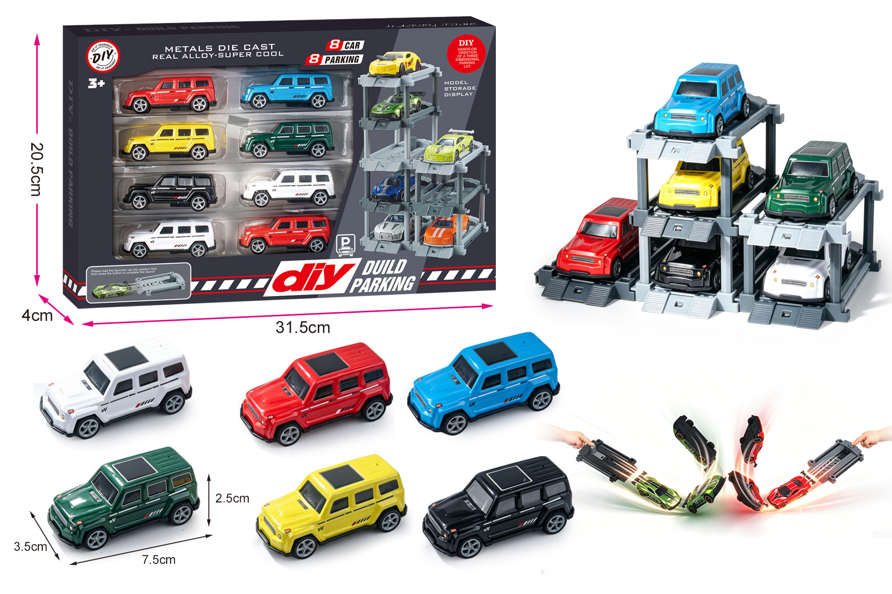 1:64 Tinplate DIY Parking Garage with Launcher + 8 Cars & 8 Slots, Featuring Catapult & Pull-back Toy Cars G