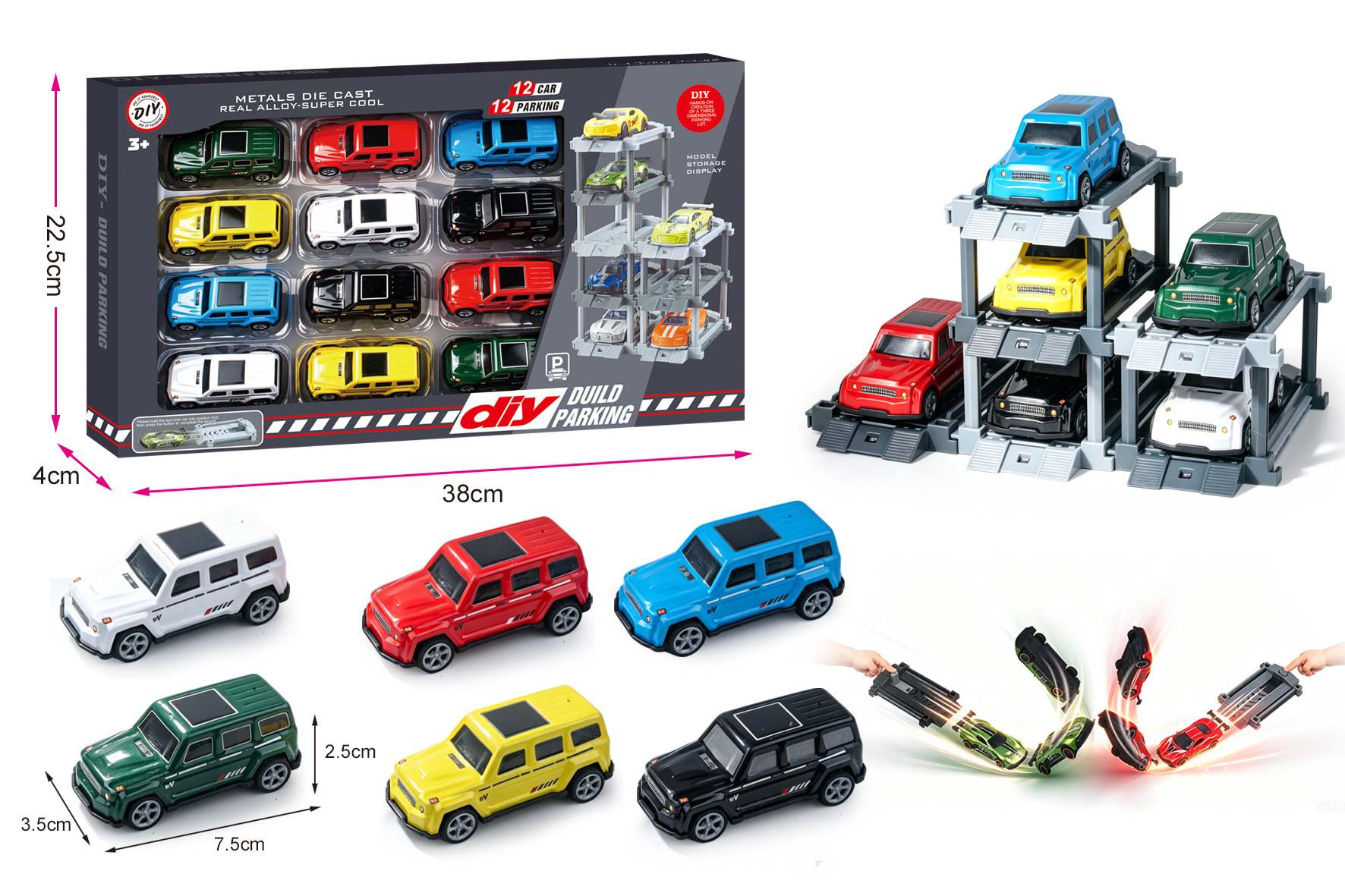 1:64 DIY Metal Parking Garage with Launcher + 12 Cars & 12 Parking Spaces, Featuring Catapult & Pull-Back Action Metal Cars
