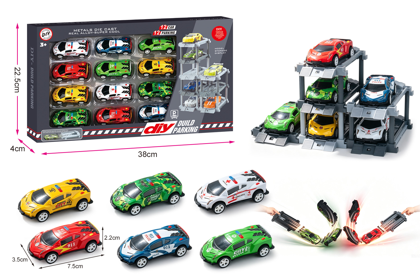 1:64 DIY Metal Parking Lot with Launcher + 12 Cars & 12 Parking Spaces, Featuring Launching & Pull-Back Metal Police Cars