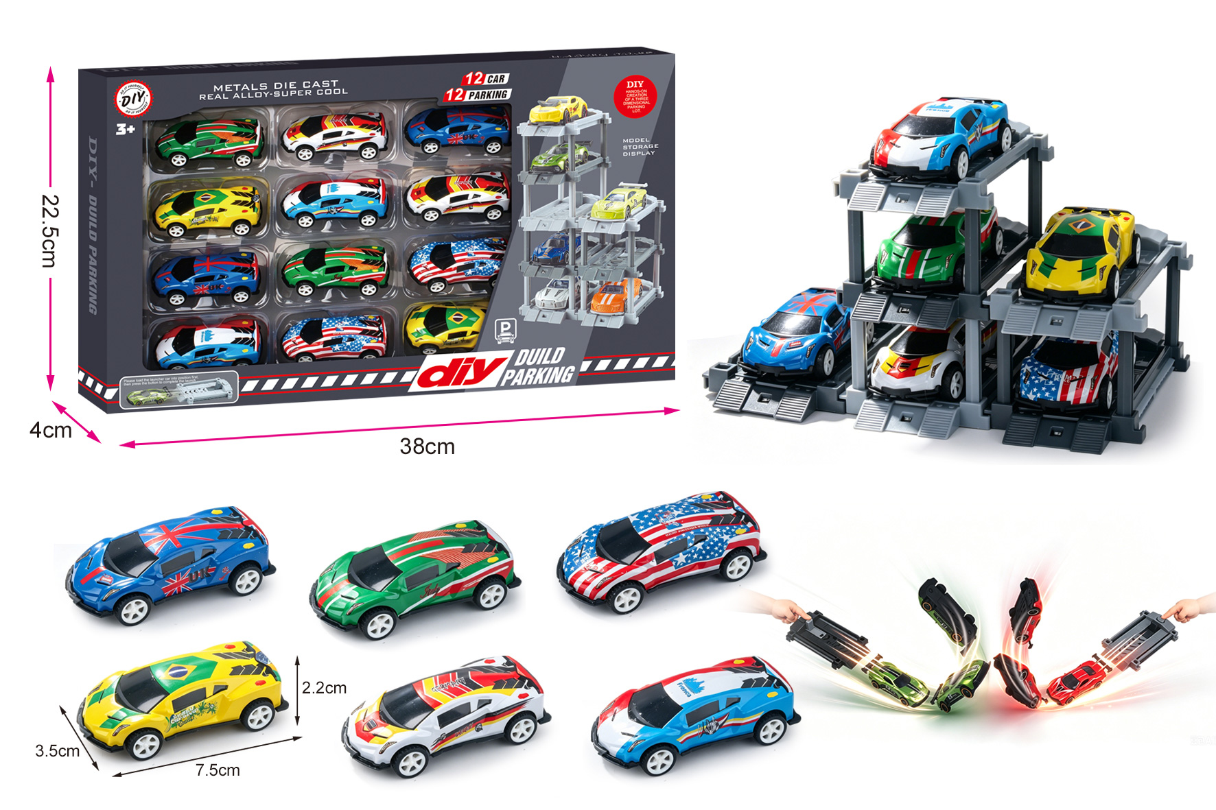 1:64 DIY Metal Parking Lot with Launcher + 12 Cars & 12 Parking Spaces, Featuring Launching & Pull-Back Metal Police Cars